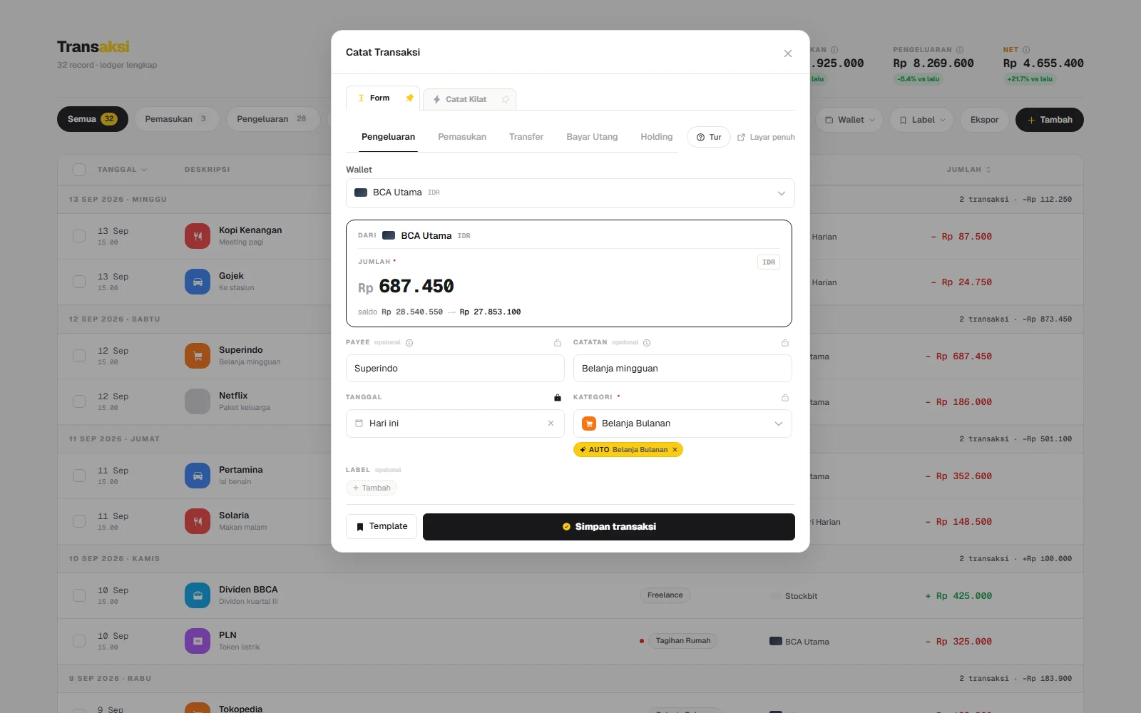 Screenshot produk asli Finlog — Form Pengeluaran dengan data dummy